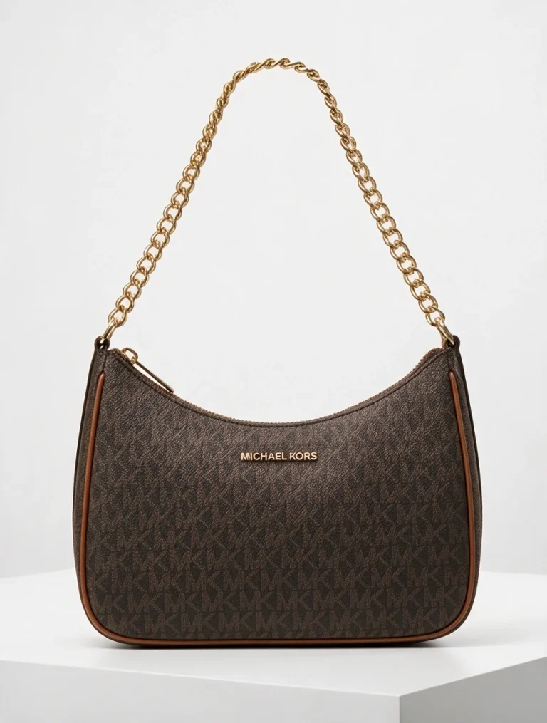 Bolso de hombro Michael Kors con monograma café y cadena dorada