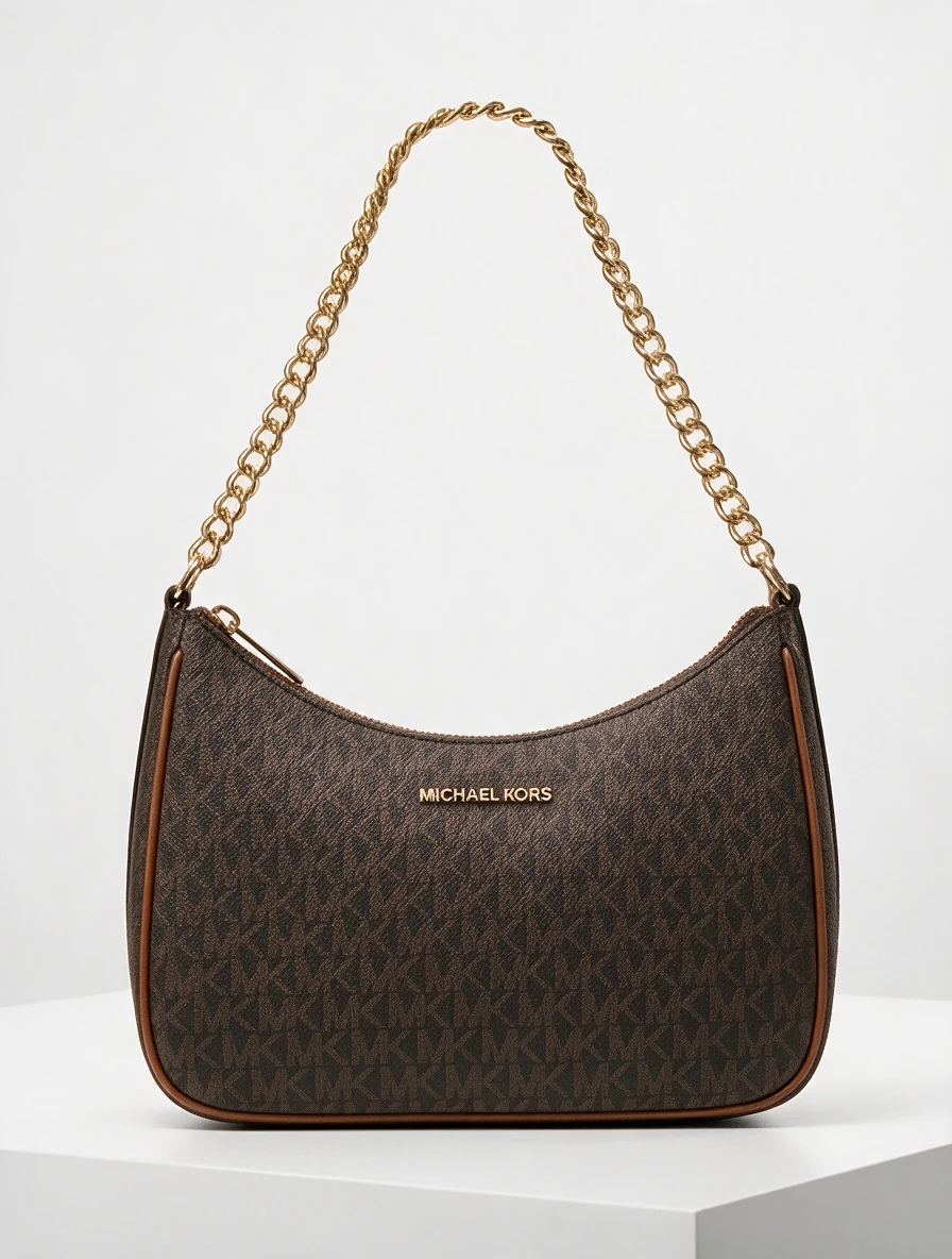 Bolso de hombro Michael Kors con monograma café y cadena dorada