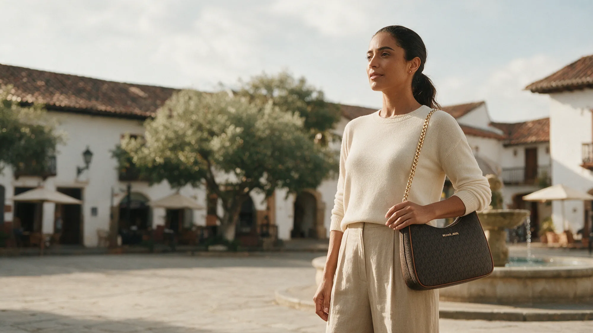 Mujer en una plaza colonial colombiana con bolso de hombro Michael Kors con monograma café