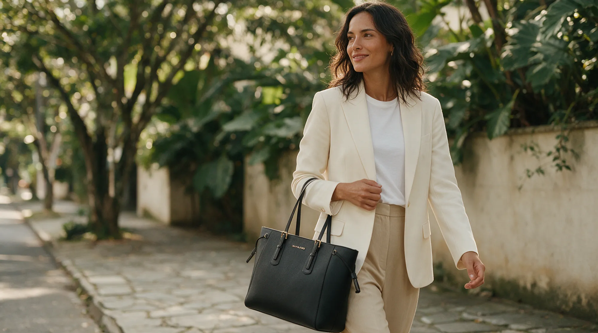 Mujer caminando por una calle arbolada con tote Michael Kors negro