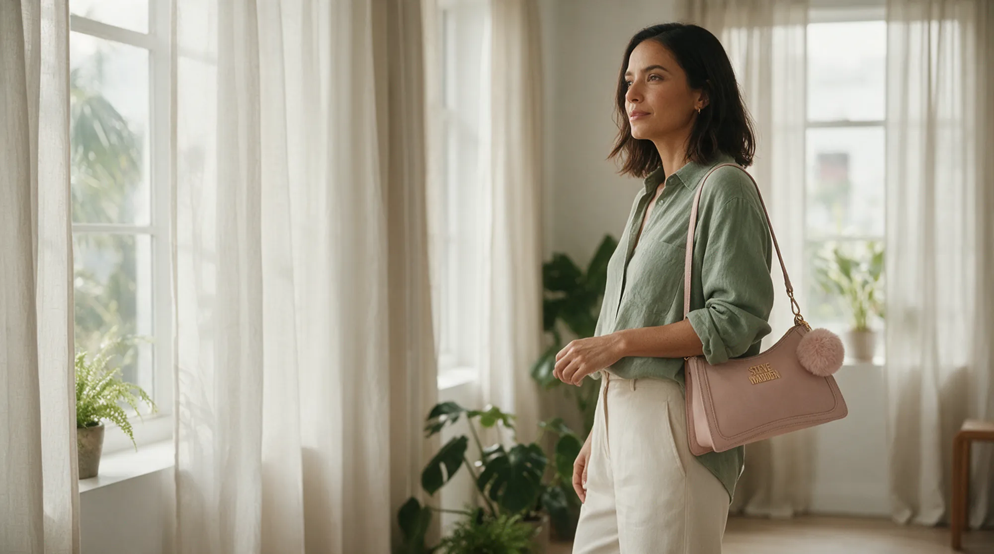 Mujer en un apartamento luminoso con bolso de hombro Steve Madden rosa palo con pompón