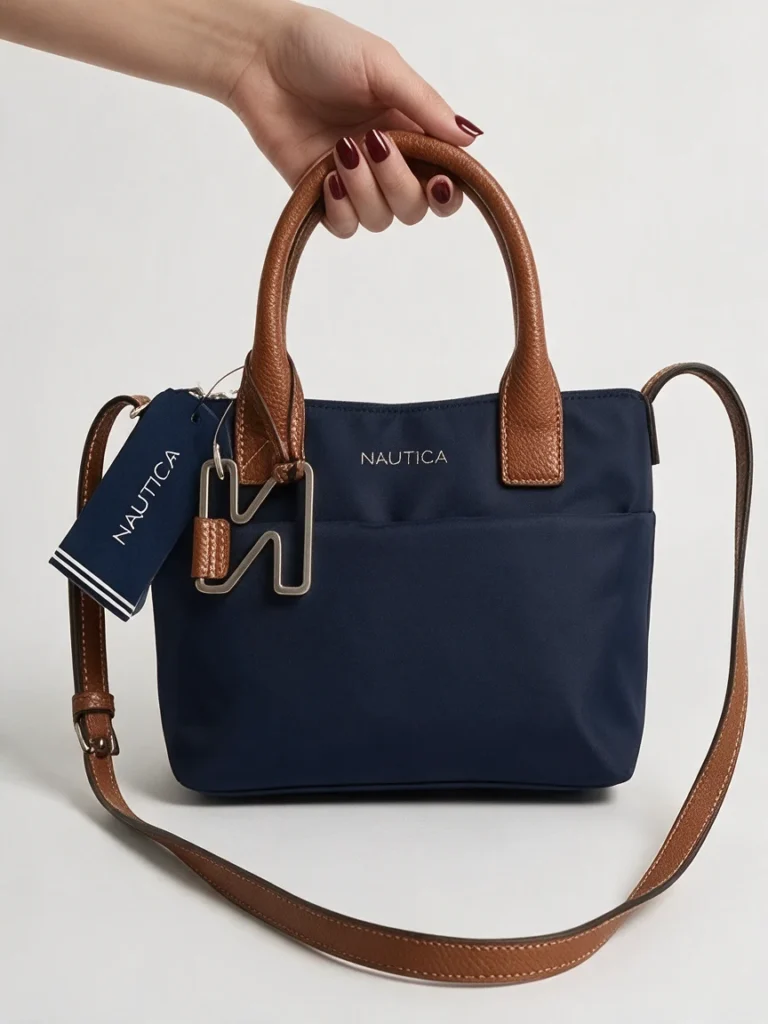 Mini satchel Nautica azul marino con asas camel
