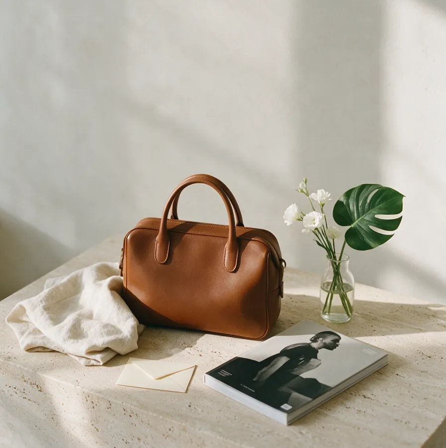 Bolso de cuero caramelo sobre travertino con lino, flores blancas y un libro de moda
