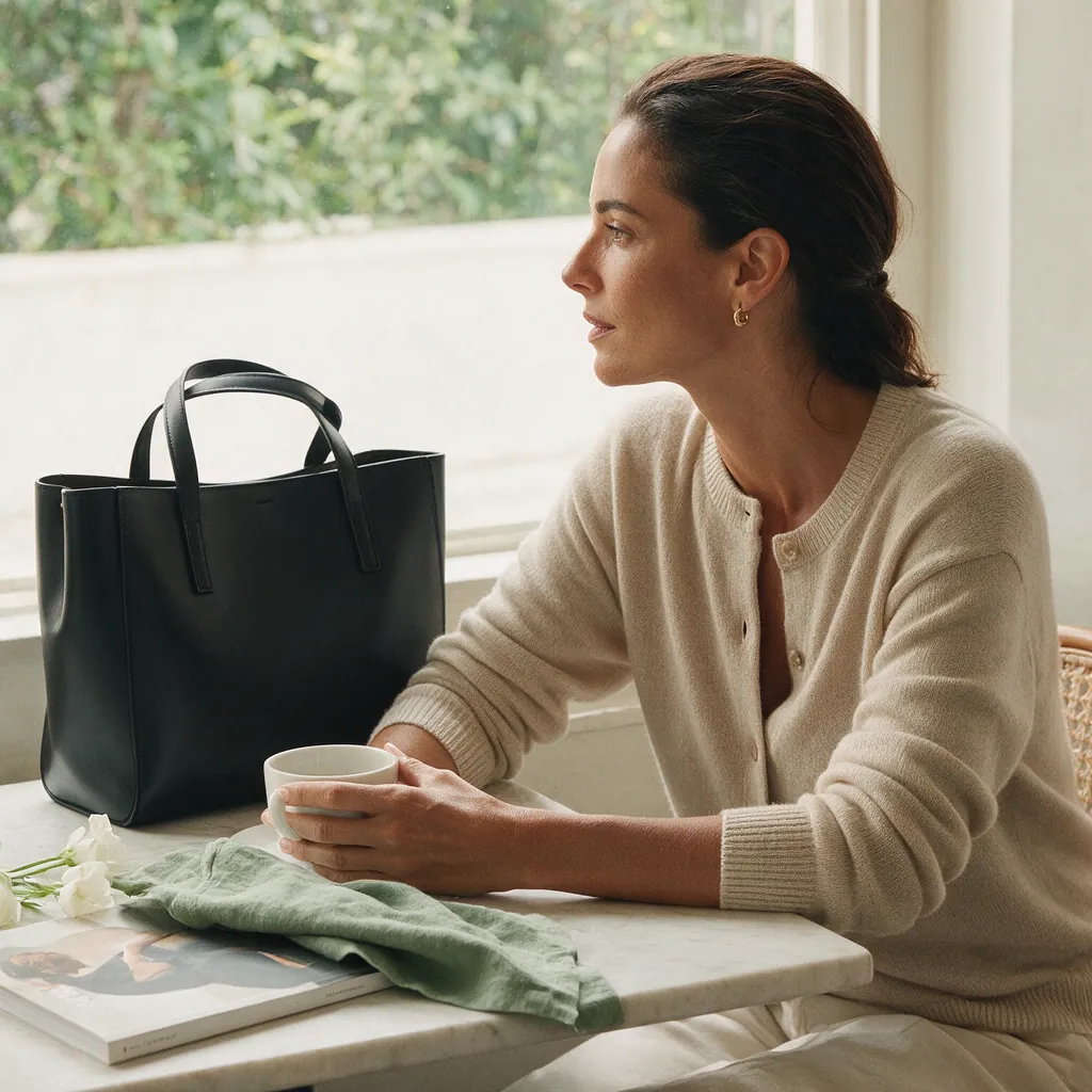 Mujer tomando café junto a una ventana con un tote negro sobre una mesa de mármol